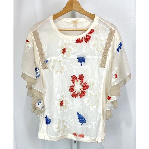 Anthropologie Tops - TINY Anthropologie Embroidered Flutter Sleeve Top Cross Stitch Floral Cream M